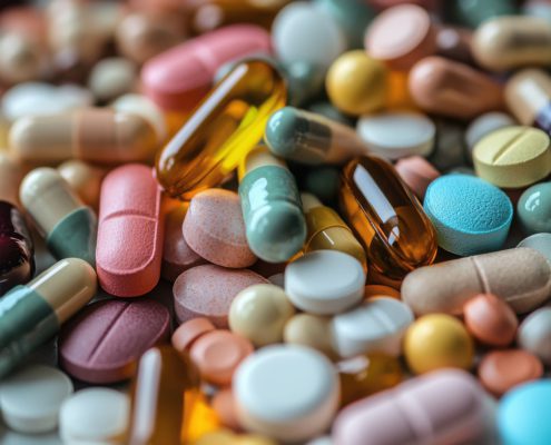 Colorful Variety of Pills and Capsules in a Chaotic Pile on a Surface
