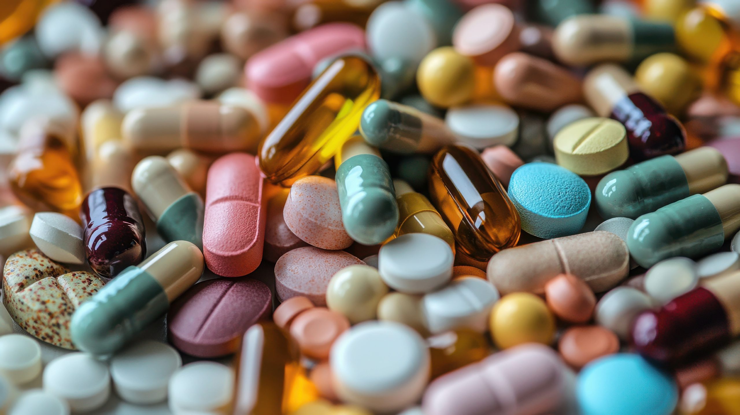 Colorful Variety of Pills and Capsules in a Chaotic Pile on a Surface