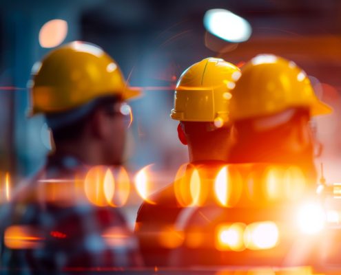 Engineers reviewing safety protocols at a construction site, safety meeting, concept