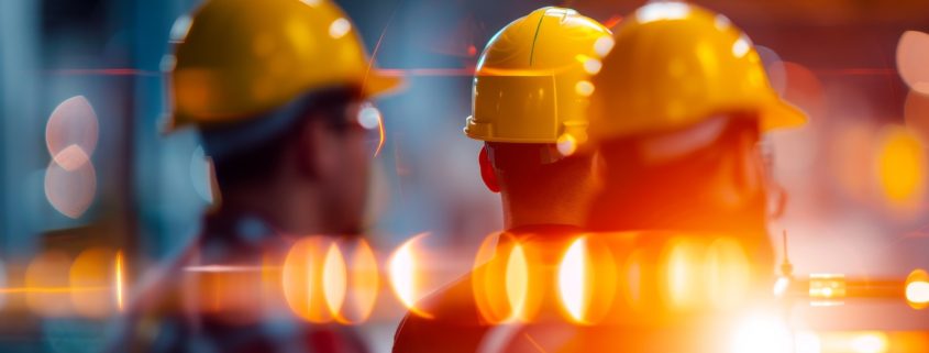 Engineers reviewing safety protocols at a construction site, safety meeting, concept
