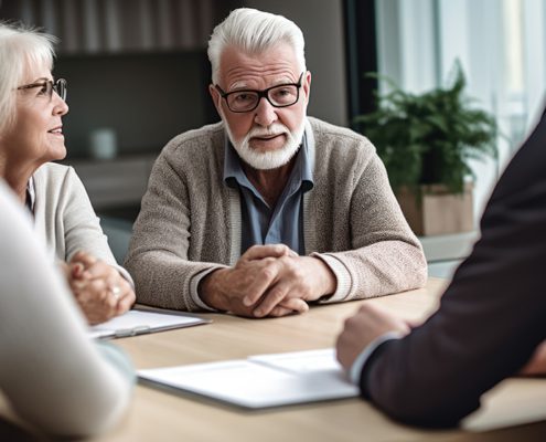 Happy pensioner couple sign contract with realtors or brokers buying house or property together. Created with Generative AI technology.
