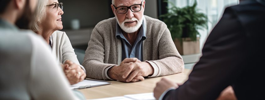 Happy pensioner couple sign contract with realtors or brokers buying house or property together. Created with Generative AI technology.