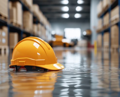Yellow hard hat floating on flooded warehouse floor, blurred war