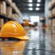 Yellow hard hat floating on flooded warehouse floor, blurred war