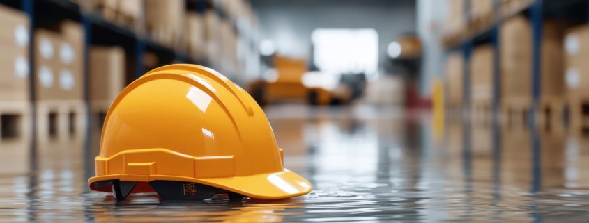 Yellow hard hat floating on flooded warehouse floor, blurred war