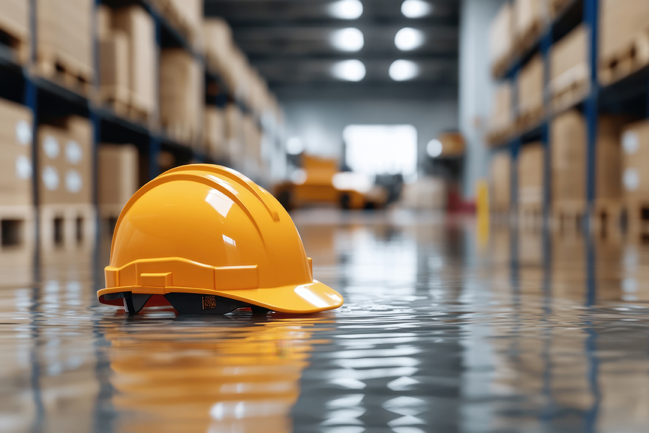 Yellow hard hat floating on flooded warehouse floor, blurred war