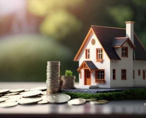 ai generated illustration Small model house with coins, buy and