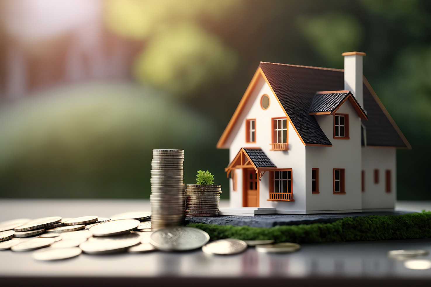 ai generated illustration Small model house with coins, buy and
